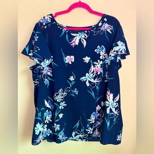 Lane Bryant Navy Tropical Floral Flutter Sleeve Short Sleeve Blouse 20